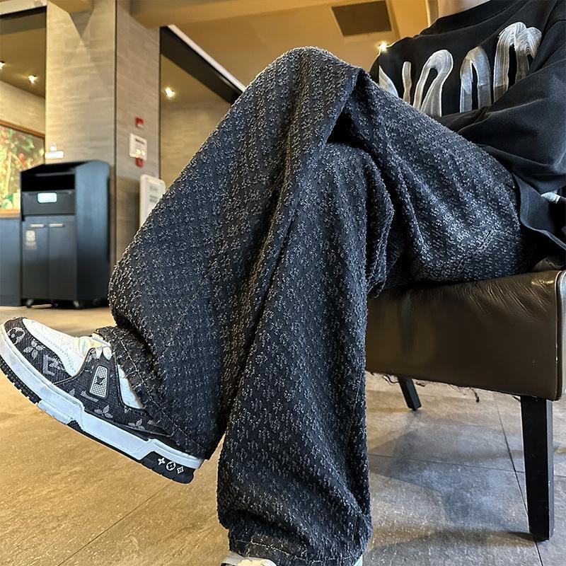 Men's Fashionable Wide-Leg Hip-Hop Jeans, Jacquard Print, Personalized Distressed High-Street Style