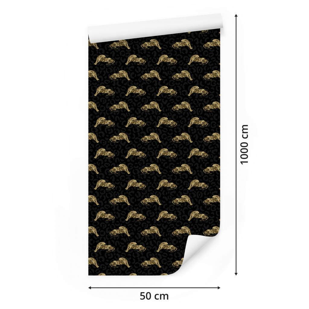 Black and Gold Tropical Pattern Wallpaper, Black, Ochre Background, 50x1000