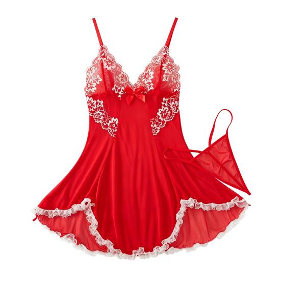 Plus Size Sexy Babydoll Nightdress for Women, V Neck Lace Sheer Mesh Nightgown, Spaghetti Strap Chemise Slip Dress with Thong
