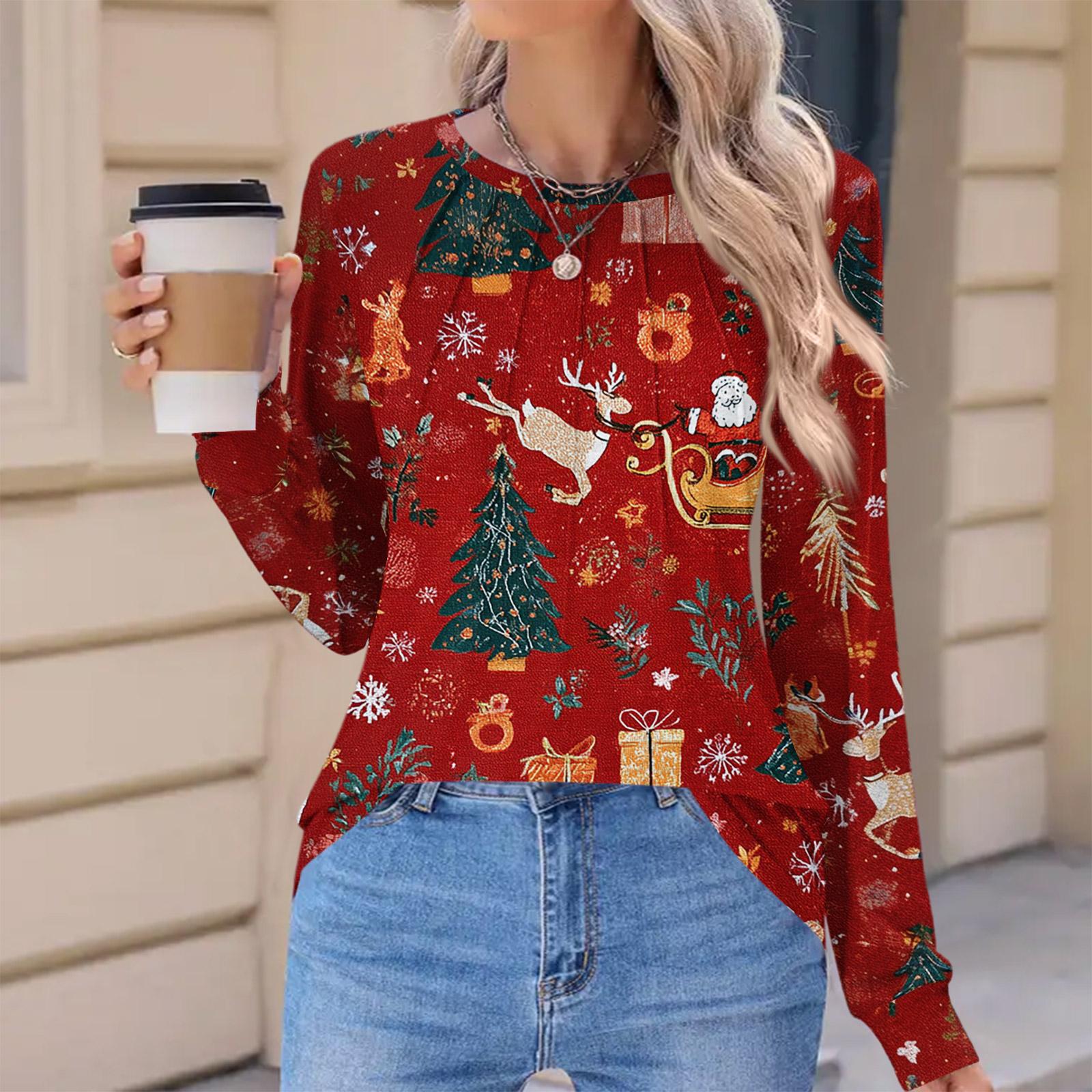 

Женская модная повседневная футболка с рождественским принтом, плиссированная, удобная, с круглым вырезом, свободная, с длинным рукавом L красный