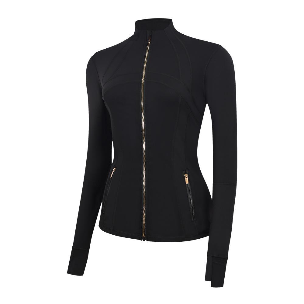 In Stock: LU Women's Slim Fit Yoga Jacket with Gold Zipper - Stand Collar Running Top