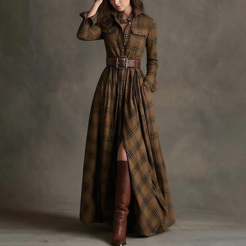 2026 Womens French Chic Midi To Maxi Dress High-Waisted A-Line With Asymmetrical Hem Striped Or Plaid Print Long Sleeve