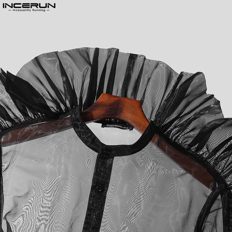 INCERUN Mesh Black Men See Through Long Sleeves Party Shirts