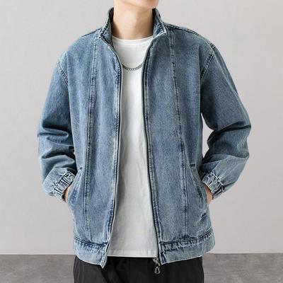 Kurtka dżinsowa męska z klapami, długi rękaw, jednolity kolor, dżinsowy płaszcz z kieszeniami, zamek błyskawiczny, plisa, luźny krój, uniwersalny płaszcz
