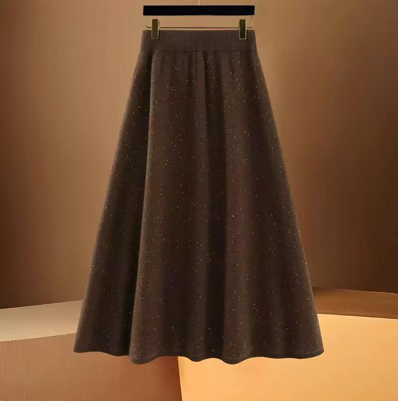 High-Waisted A-line Wool Sequin Umbrella Skirt – Mid-Length Slimming for Autumn/Winter