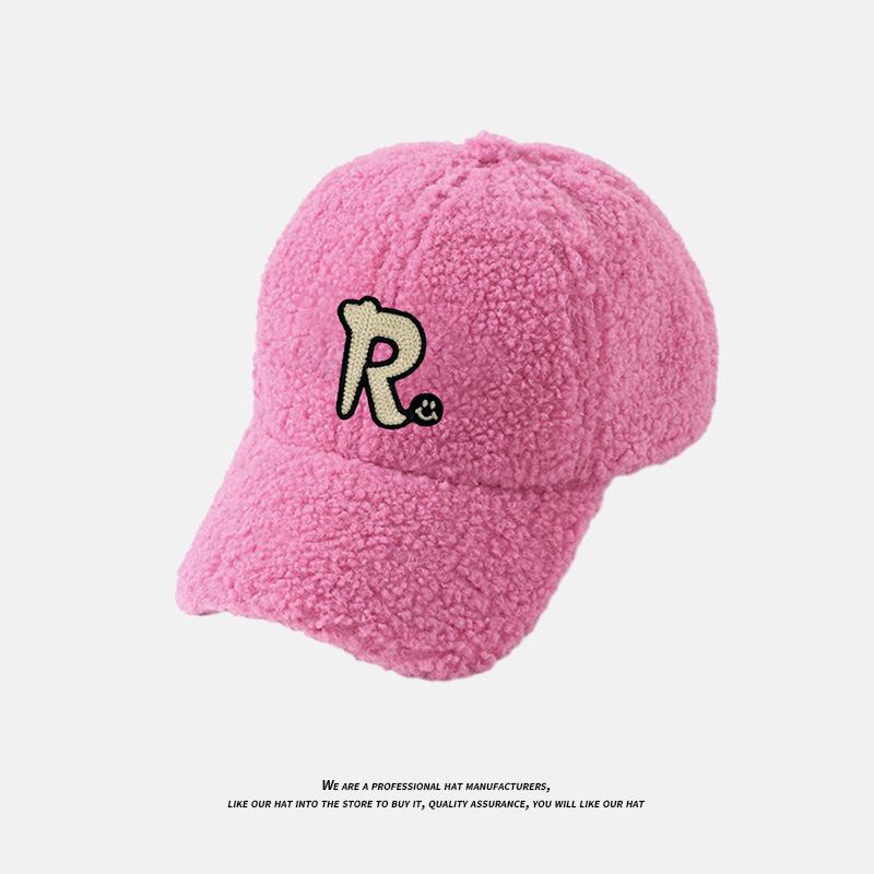 Hat Women's Autumn and Winter R Letter Couple Versatile Cold Proof Baseball Cap Lamb Velvet Thick Warm Wide Brim Peaked Cap for Men