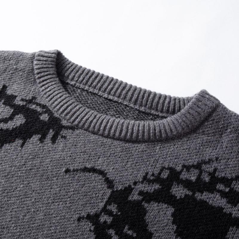 Mens Loose Crew Neck Long Sleeve Personalized Eye Pattern Warm Knit Sweater