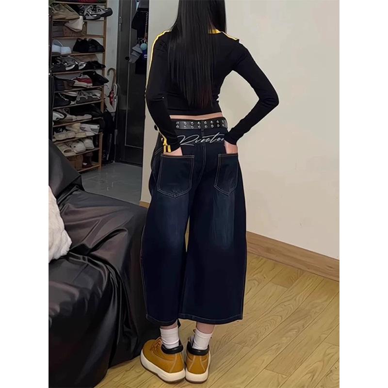 Women s High Waist Wide Leg Denim Culottes Baggy Curved Pants Embroidered Dark Blue Non-Stretch American Streetwear Summer 7-Point Casual Bottoms S