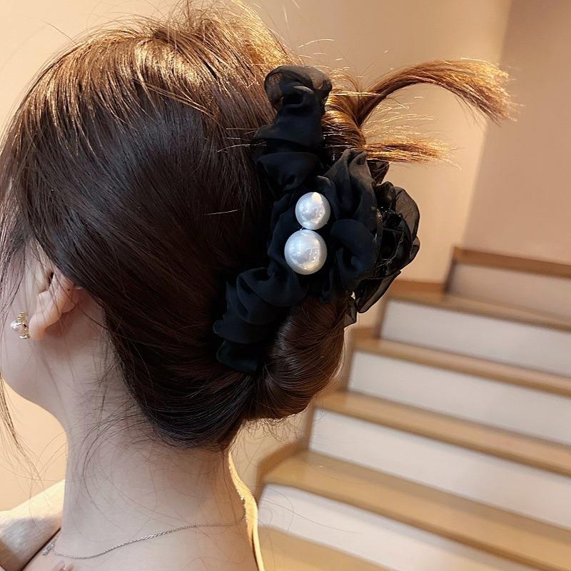 Summer Crinkle Chiffon Pearl Hair Claw Clip, Elegant Oversized Mesh Hair Clip for Women Accessoires Femme Hair Clips for Girls