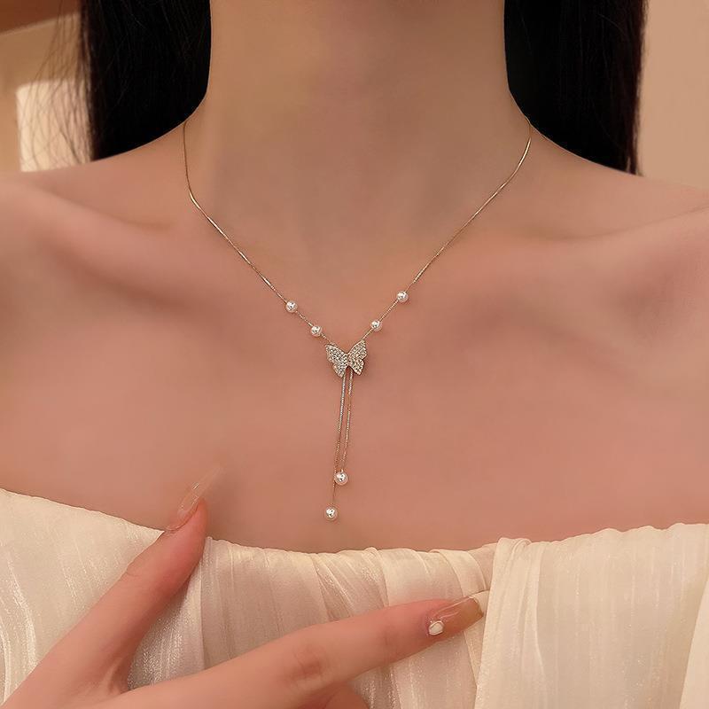 

Luxury Exquisite Shining Zircon Butterfly Pendant Pearl Tassel Necklace for Women Romantic Temperament Collar Chain Jewelry Gift