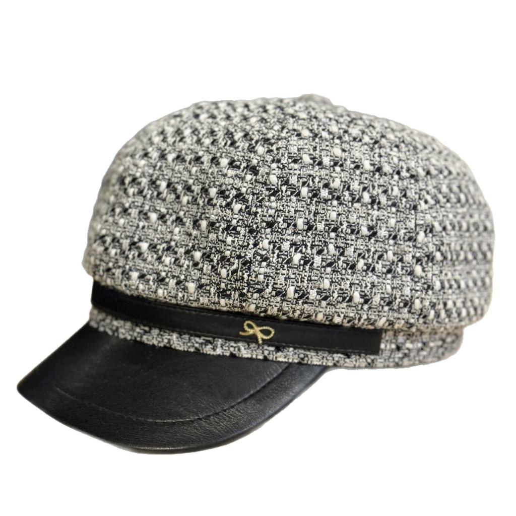 Autumn and Winter Tweed Leather Brim Octagonal Hat Three Dimensional and Stylish Newsboy Hat Elegant Peaked Hat Beret Trend