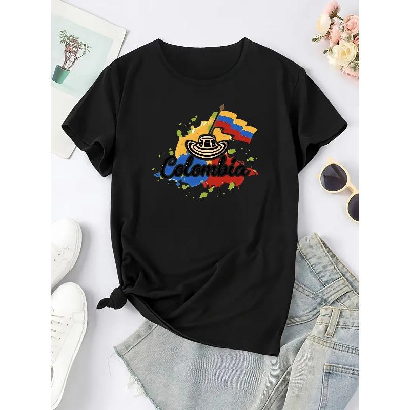 Damen-Sportbekleidung mit einem stilvollen Rundhals-Kurzarm-T-Shirt für Kolumbiens Unabhängigkeitstag