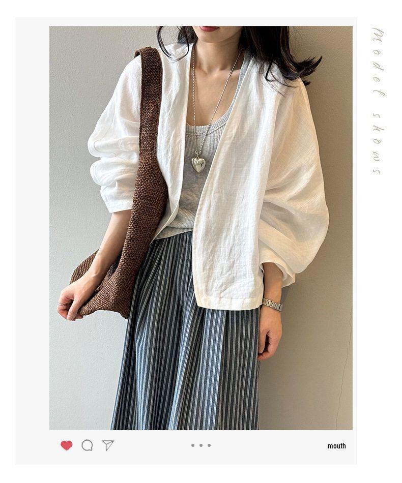 Artistic Retro Long-Sleeve Linen Cardigan - Lightweight, Loose-Fit Sun Protection Top