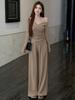 Korean Style Off-Shoulder Long-Sleeve Top and Wide-Leg Pants Set for Women - Elegant Autumn and Winter Fashion