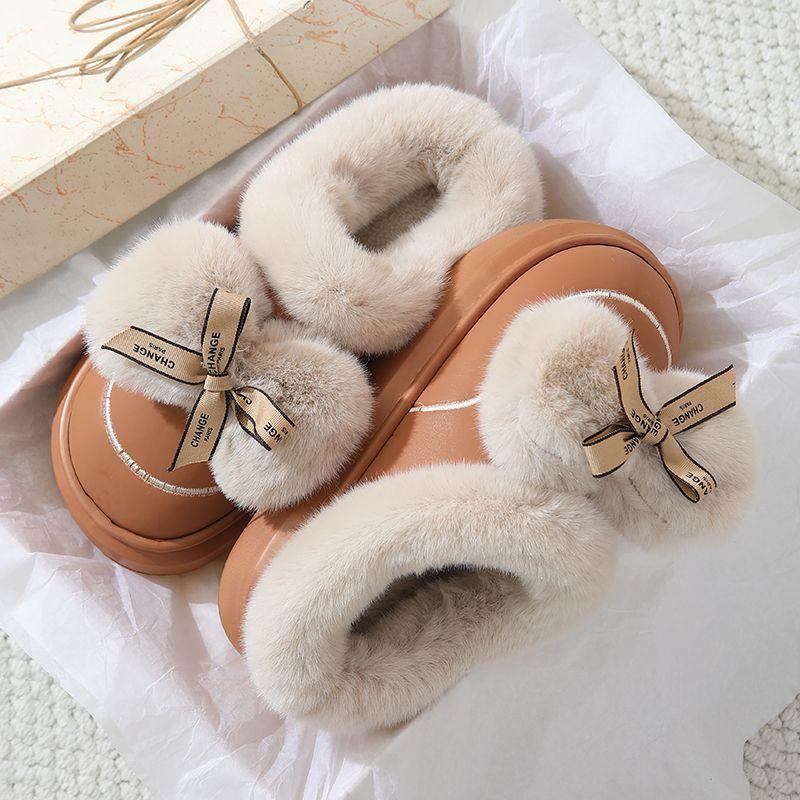 EVA cotton slippers women waterproof leather drag thickened bow cute fluffy slippers home slippers EVA slack