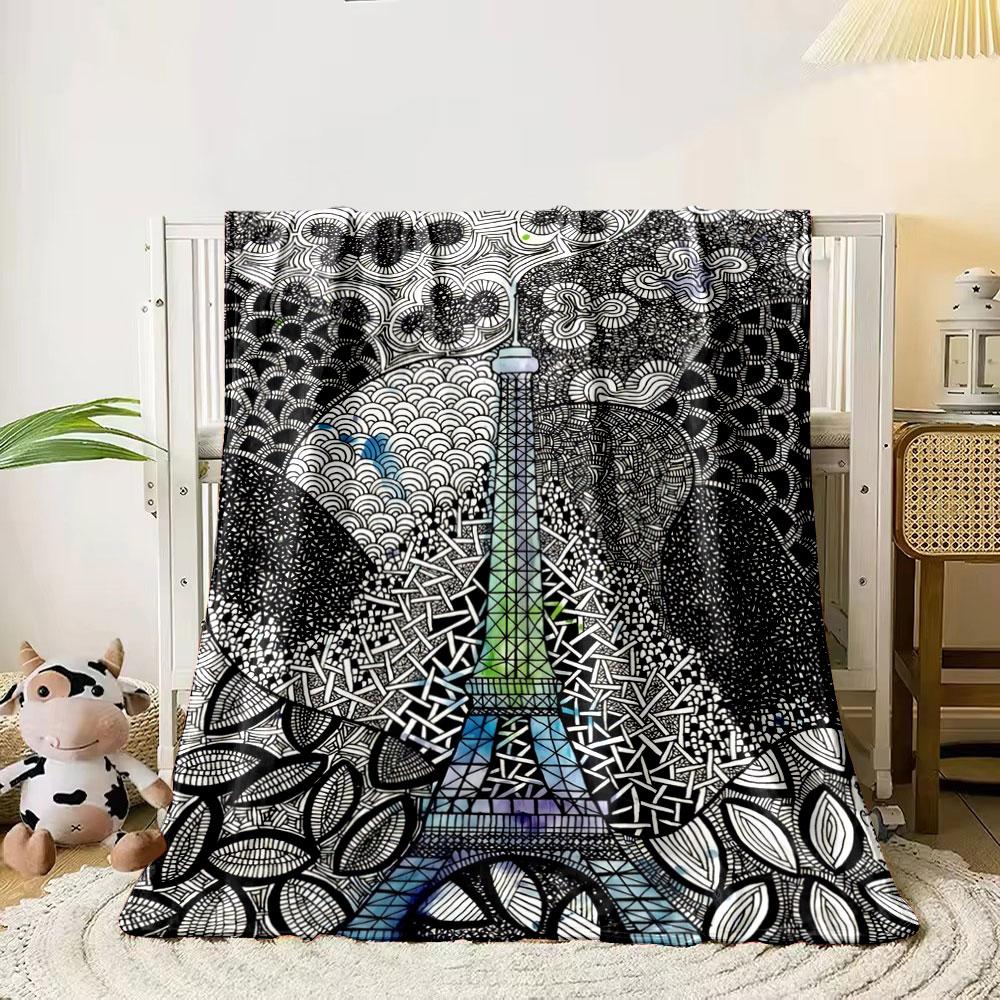 Intricate black-and-white doodles form abstract patterns around the Eiffel Tower. for all seasons blanket lunch break throw gift 80cm x 120cm