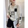 Retro Sweter Top w Szachownicę Color Block z Moheru Cienki Styl Okrągły Dekolt Wiosna Jesień Sweter