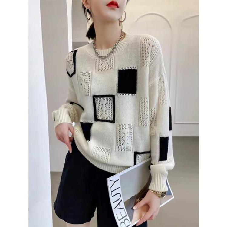 Retro Sweter Top w Szachownicę Color Block z Moheru Cienki Styl Okrągły Dekolt Wiosna Jesień Sweter