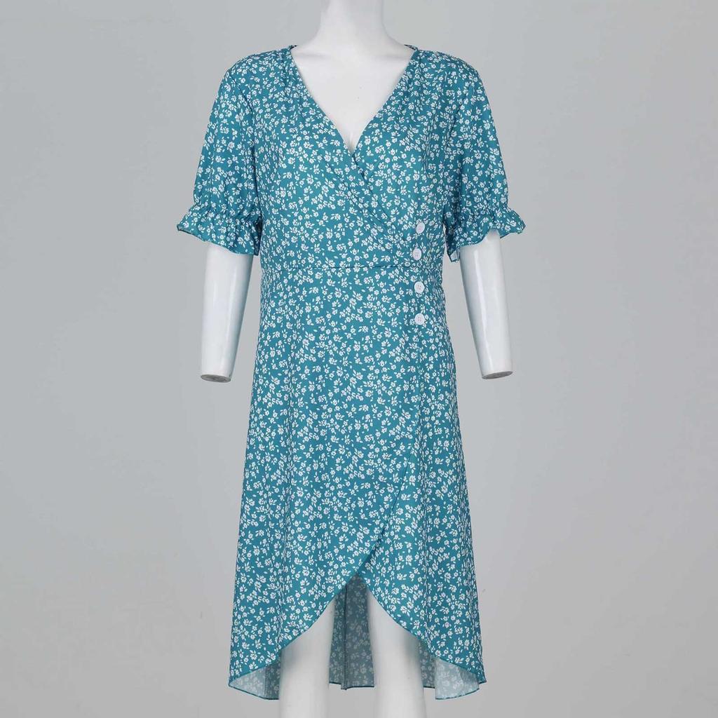 Damen Sommer Freizeitkleid V-Ausschnitt A-Linie Boho Kleines Blumenmuster Ärmel Wickel Saum Kleid