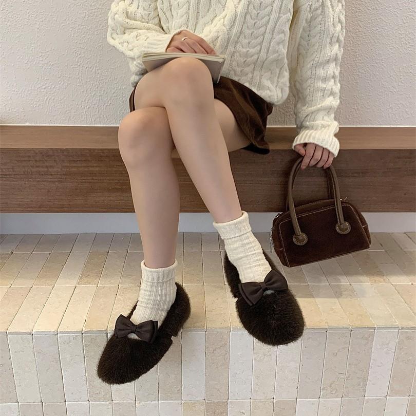 2025 autumn and winter new double bow fluffy shoes velvet cotton shoes wear flat shoes one pedal