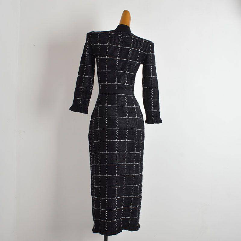 Clothes New Color Matching Half-high Collar Wooden Ear Long Sleeve Knitted Dress Women Clothes Spring and Autumn Waist Hugging Slimming Sheath Skirt