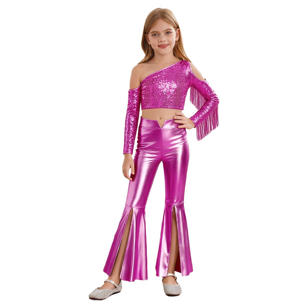 Dívčí soutěžní vystoupení kostým Jednoramenný Dlouhý rukáv Flitry Crop top s Rozparkem Zvonové kalhoty Střapce Outfit