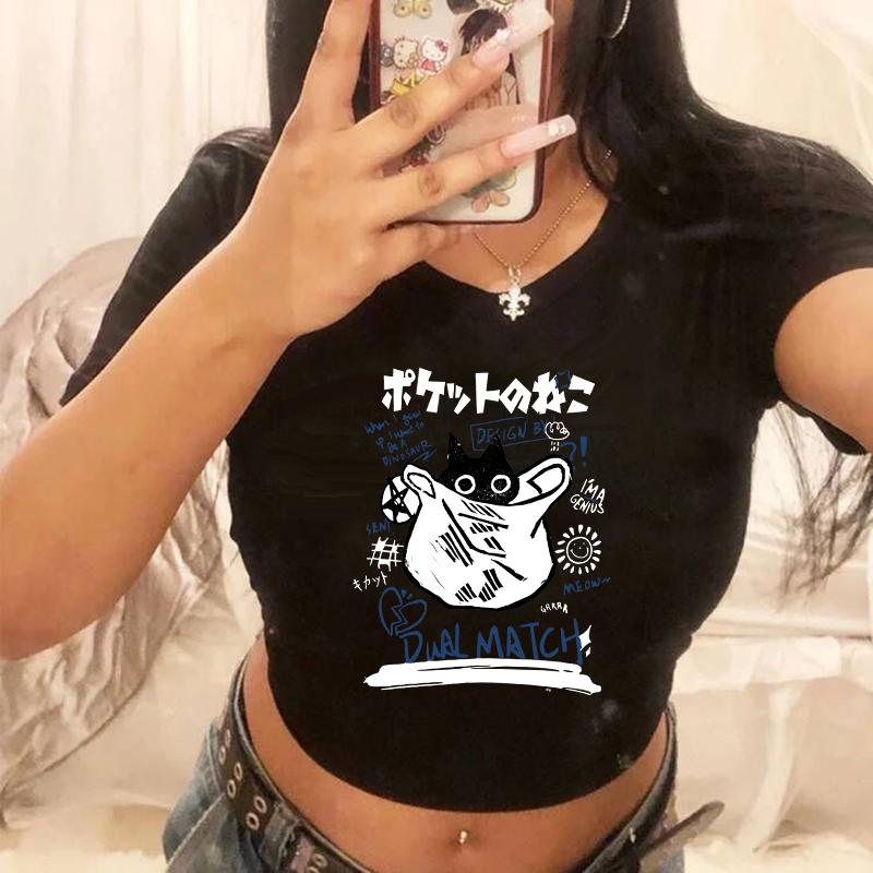 Hip Hop Crop Top Y2k 90s Funny Cute Cat T Shirt Women Shirt Harajuku Graphic Ulzzang T-shirt 90s Tshirt Top Tee Female Cropped