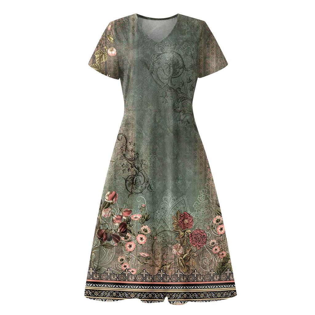 Women's Summer Casual Fashion Print Pocket Short Sleeve V-Neck Swing Dress
