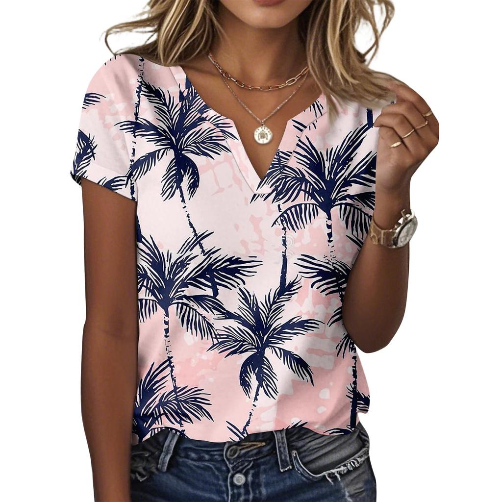 Damen Lässiges T-Shirt mit Blumenmuster, V-Ausschnitt, Pullover, kurzärmelig