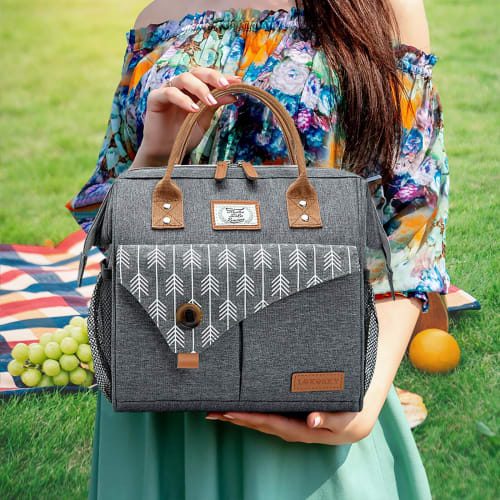 Lekesky 10L Large Capacity Foldable Lunch Bag with Clasp Closure, Water-Repellent, Leak-Proof Handle, and Pockets for Convenience, Perfect for Shoppin