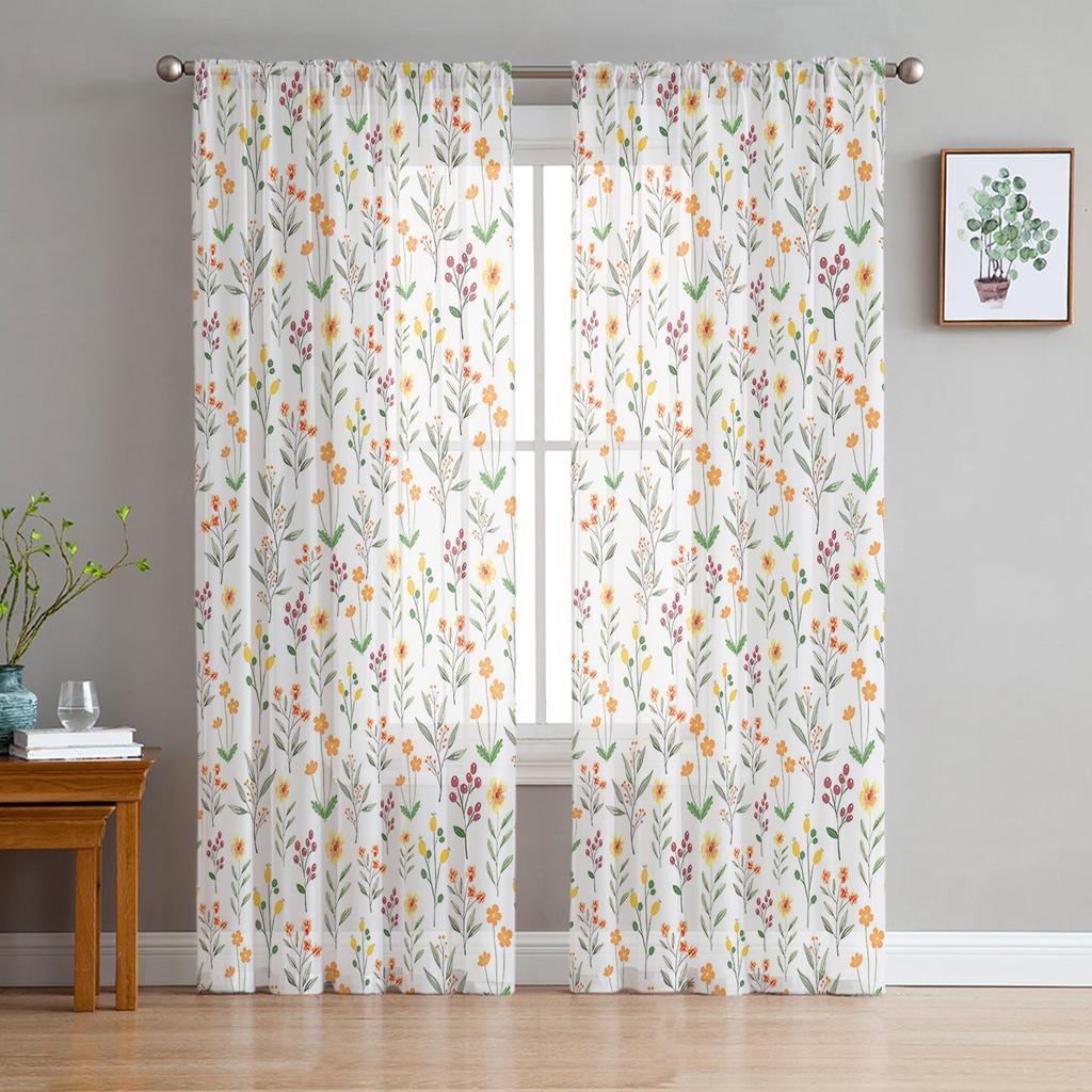 Blue Floral Leaves Transparent Drapes for Living Room Decoration Window Panel Curtains for Cooking Area Fine Netting Voile Organza Drapes
