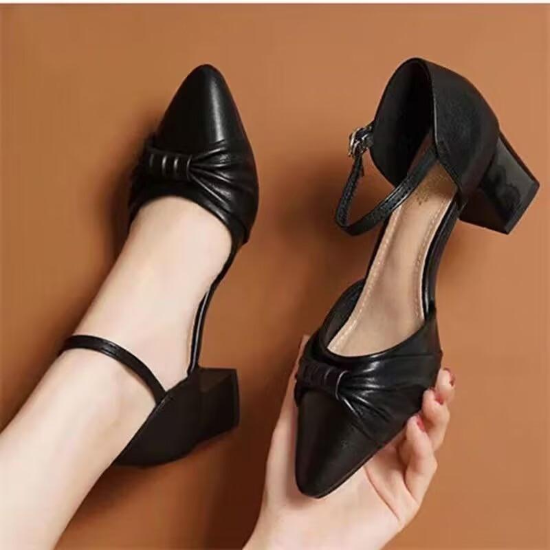 Famous Brand Leather High-end Summer Women's Shoes Bag Head High-heeled Sandals Women's 2025 New Medium Heel Thick Heel Temperament Single Shoes