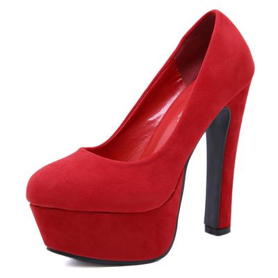 Super High Heels 14cm Schlichte Damen Büroschuhe Rot Schwarz Damen Pumps Runde Spitze Mode Plateau Brautschuh Hochzeitsfeier