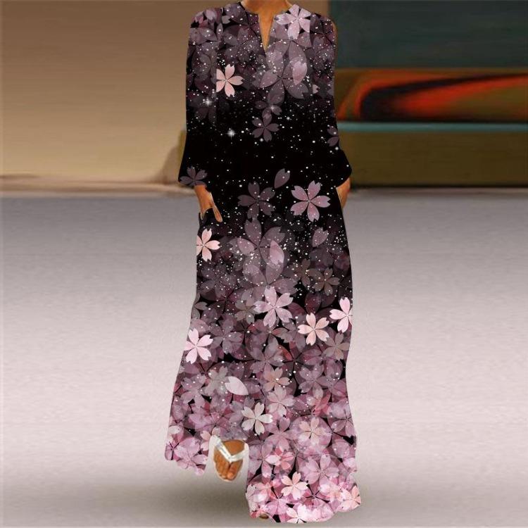 

Летнее ретро макси-платье с принтом бабочек, длинным рукавом, V-образным вырезом и карманами 5X-Large