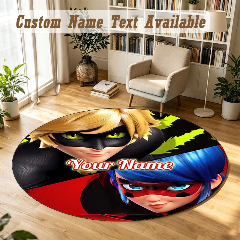 Round Rug Custom NameMiraculous Ladybug Pattern Non Slip Carpet Home Floor Decor