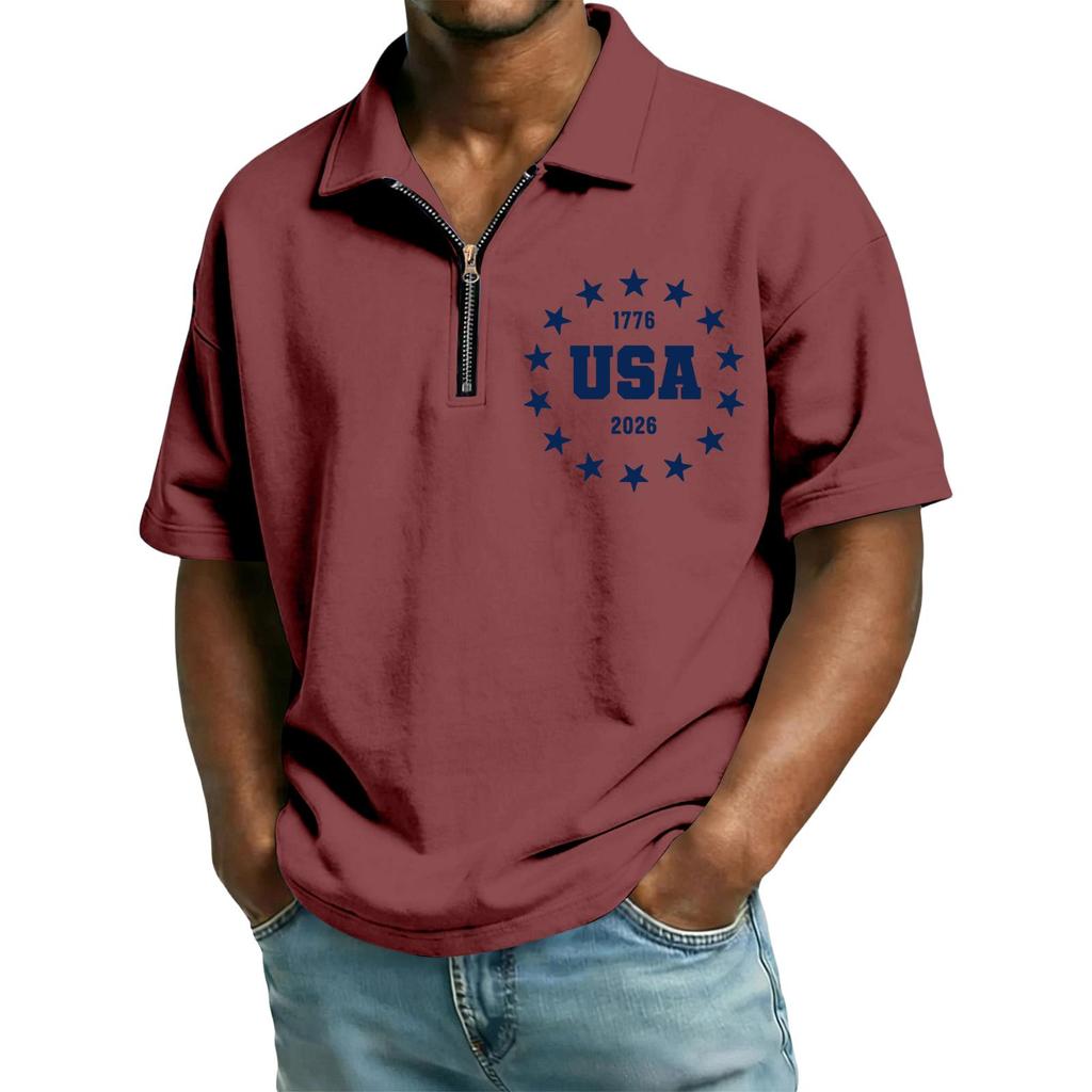 Men's Casual Loose Fit Polo Shirt with Zip Front Collar and Star Circle Letter Print USA Graphic Short Sleeve Top for Summer