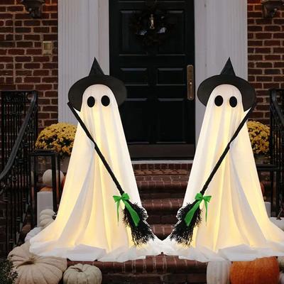 Halloweenové stojící světélkující duch Halloweenové dekorace Venkovní stojící duch s koštětem čarodějnice Sezónní sváteční párty Strašidelné