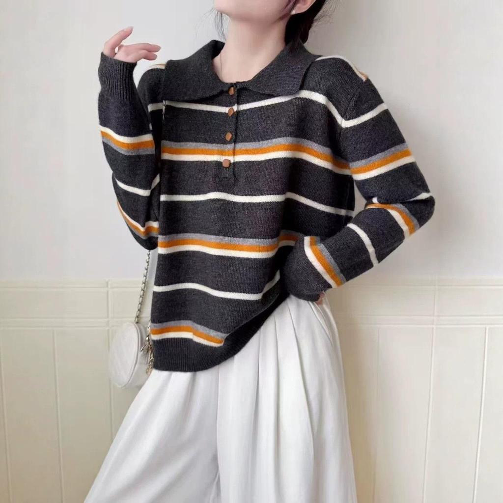Women's Korean-Style Color Block Striped Knit Pullover Sweater: 2026 Autumn/Winter Casual Layered Top.