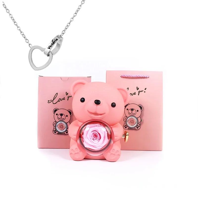 Mini Zarte Herz Gravierte Halskette Süße Bären Schmuckschatullen Valentinstag Muttertag Geburtstagsgeschenk Papiertüten Set
