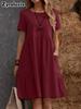 Summer Vintage Loose Pocket Solid Color Crew Neck Chic Women's Cotton Linen Dress