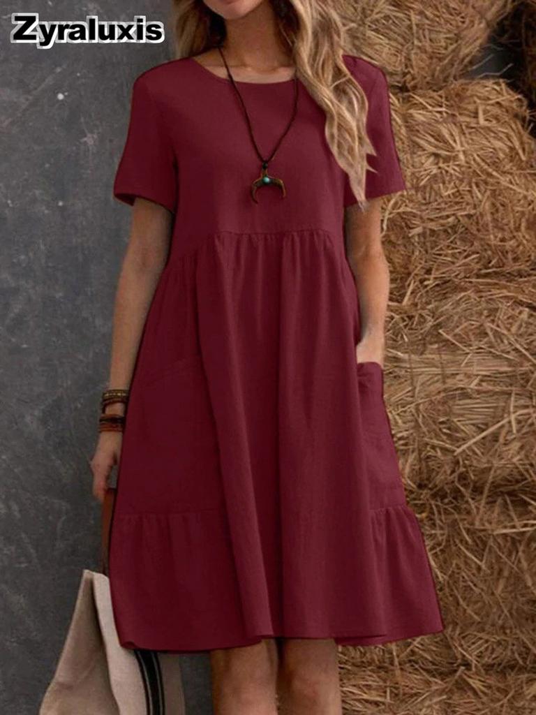 Summer Vintage Loose Pocket Solid Color Crew Neck Chic Women's Cotton Linen Dress