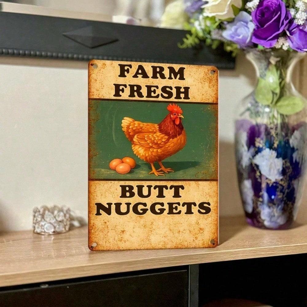 1pc Farm Fresh Butt Nuggets Tin Sign, Humorous Chicken Metal Wall Art, Funny Vintage Farmhouse Decor for Living Room