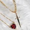 Crystal Heart and Swords Zircon Pendant Necklace for Women Men Adjustable Neckchain Silver/Gold Plated Chain Choker