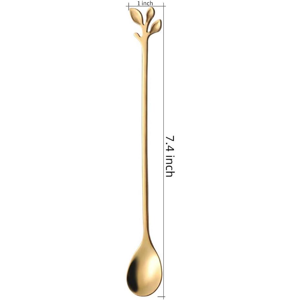 AnSaw 6-Piece Elegant Gold Leaf Long Handle Teaspoons - 7.4" Stainless Steel Stir Spoons for Coffee & Tea, Perfect for Mixing & Stirring