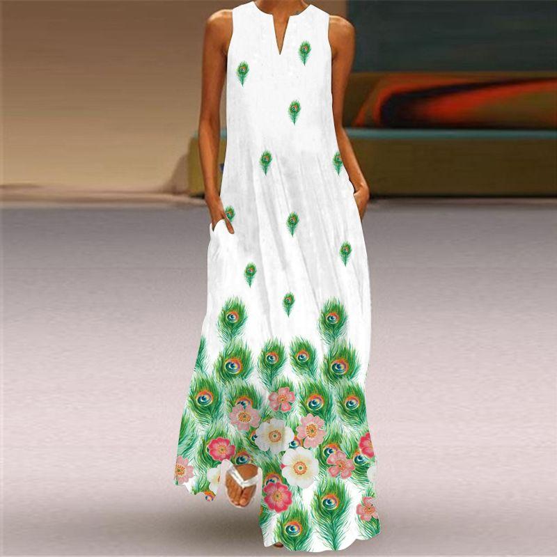 

2025 Sleeveless White Dress Summer Fashion Print Long Skirt VLCQ-181 M
