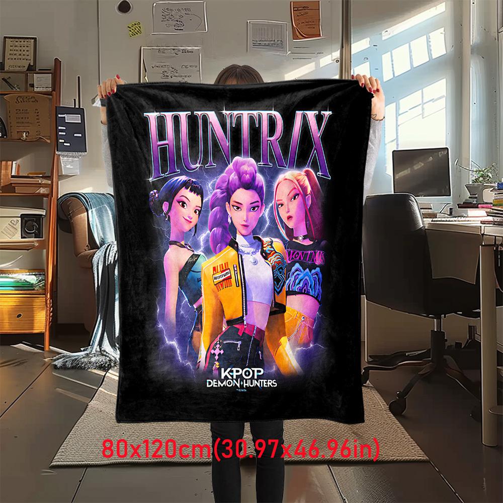 1Pc HUNTR/X KPOP Print Flannel Blanket, Comfortable for All Seasons, Home Decor, Warmth and Comfort, Perfect for Christmas Gifts821091