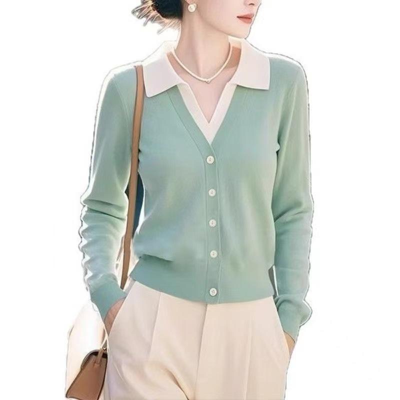 Mint Green Lapel Inside with Bottom Knitted Sweater Women's Clothing Autumn New Sweater Fake Two Long-sleeved Top