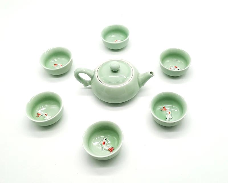 Hochwertiges Kung Fu Tee-Set, Longquan Celadon Fisch-Tee-Set Keramikkrug Teekanne Keramik-Teeservice Teetasse Fisch-Tee-Set Trinkgeschirr