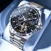 OLEVS Men's Automatic Mechanical Watch Starry Sky Dial Skeleton Design Leather Band Waterproof Blue