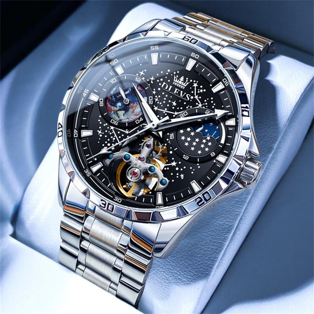 OLEVS Men's Automatic Mechanical Watch Starry Sky Dial Skeleton Design Leather Band Waterproof Blue